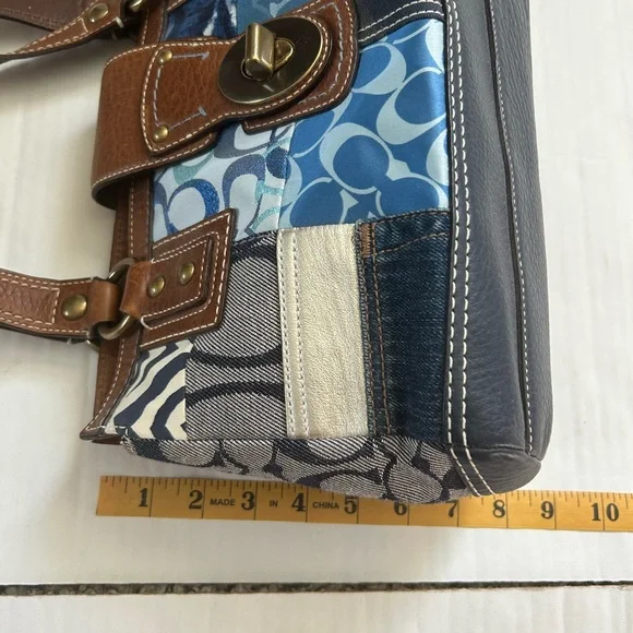 Coach Blue Patchwork and Tan Leather Tote Shoulder Handbag - Picture 11 of 15